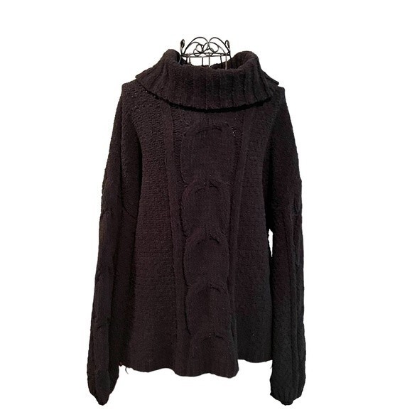 Seven7 Cable Knit Cowl Neck Chenille Chunky Black Balloon Sleeve Sweater Large - Picture 2 of 6